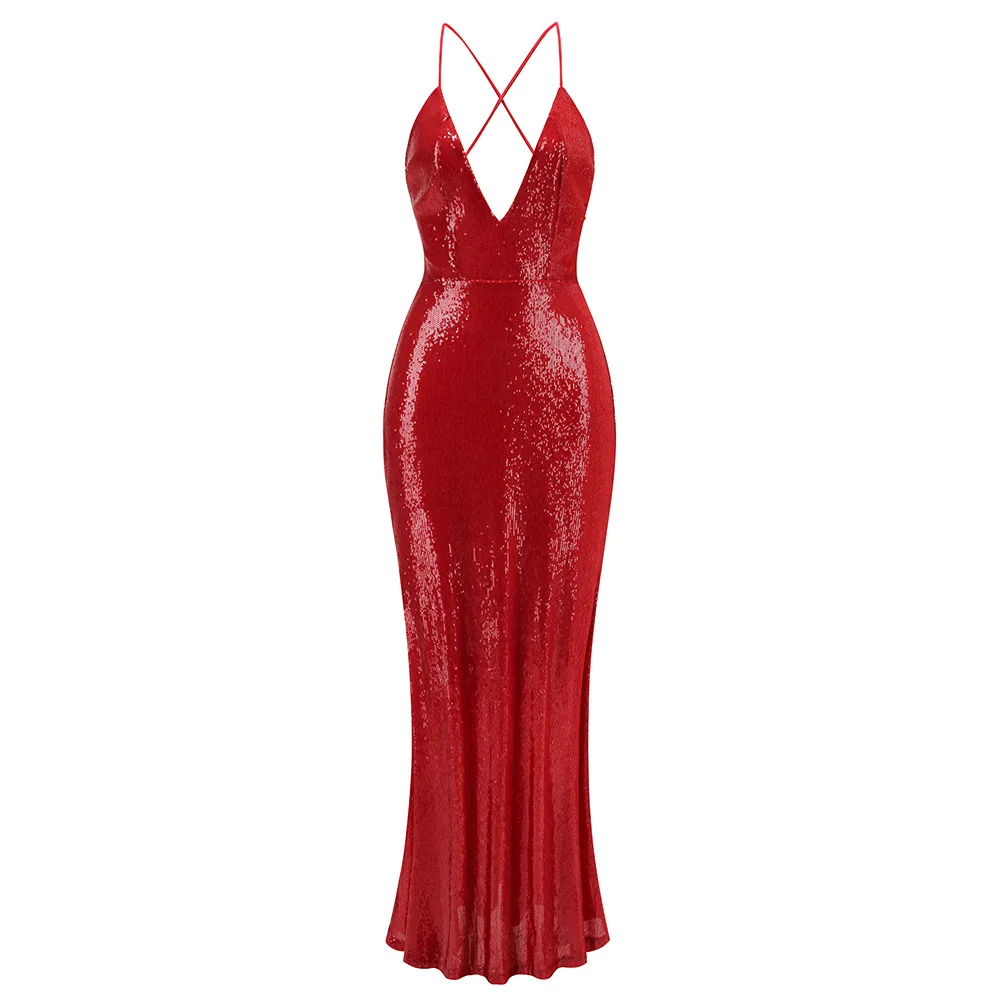 Vestidos de fiesta rojos de lujo para mujer, vestidos sexis con tirantes finos y cuello en V, lentejuelas brillantes, vestidos de fiesta de noche de celebridades, vestido de Gala de una pieza