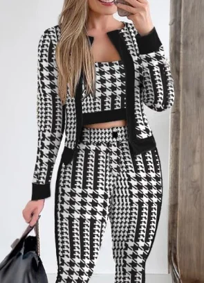 Three Piece Set Women Outfit Spring Fashion Plaid Print Contrast Paneled Open Front Long Sleeve Coat & Elegant Skinny Pants Set