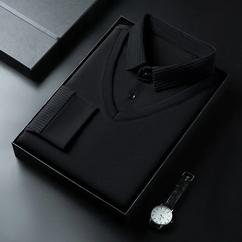 2025 جديد الرجال عادية وعصرية بأكمام طويلة بلون وهمية قطعتين قميص بولو الأعمال كل موسم تنوعا