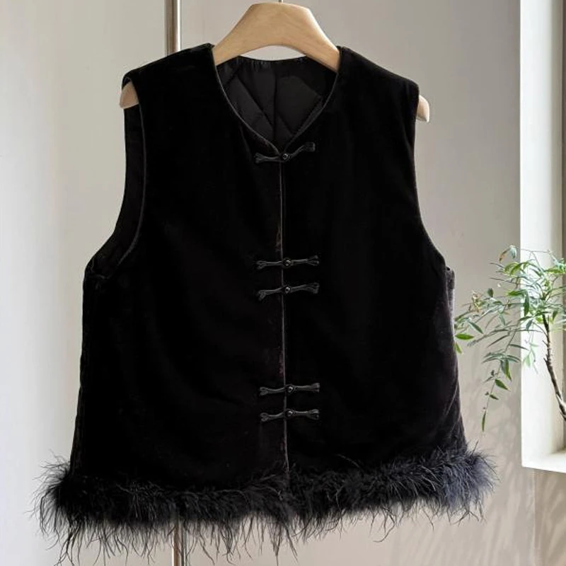 Luxury Feather Trim Velour Tang Suit Clothes Classical Sleeveless Tops Women Elegant Vest New Chinese Style Hanfu Waistvest
