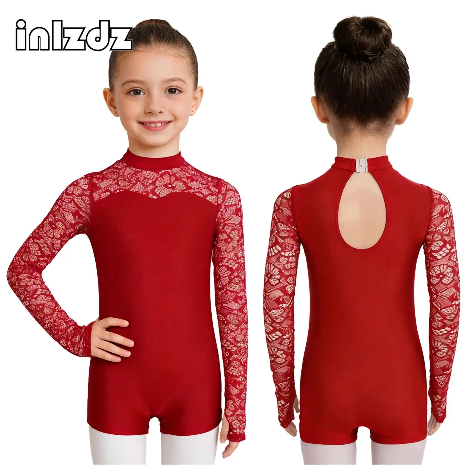 

Kids Girls Gymnastics Figure Skating Ballet Dance Performance Costume Lace Long Sleeves Keyhole Back Bodysuit Jumpsuit Dancewear