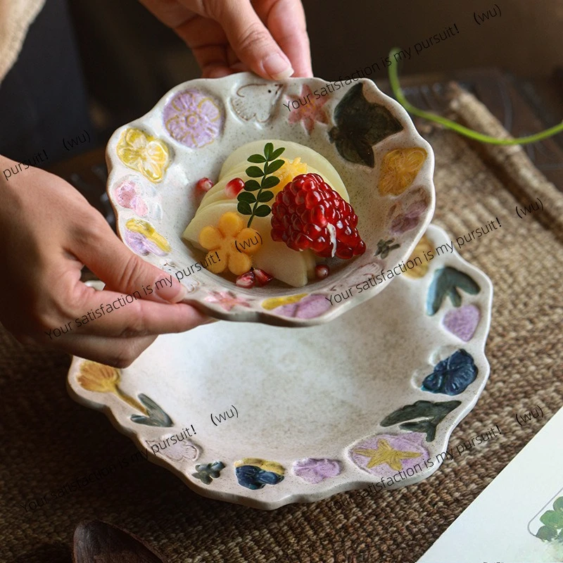 Clay flower language, retro ceramic tableware, fruit plate, high-value dessert plate, household moving, housewarming gifts,