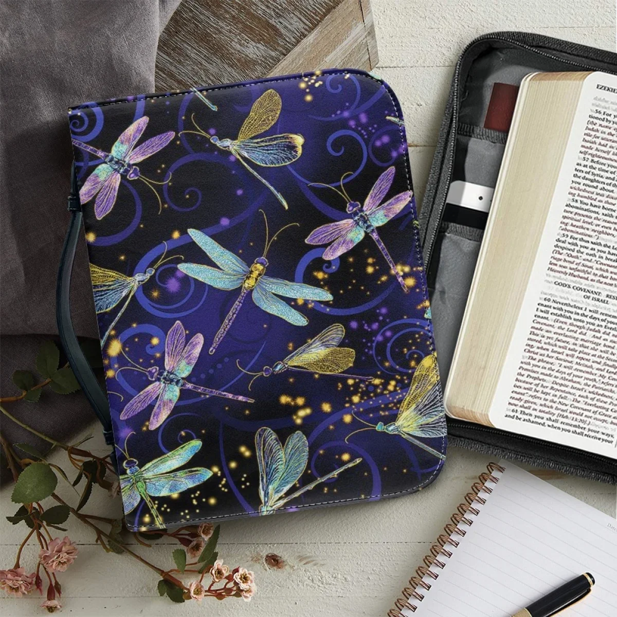 

Trendy Art Dragonfly Print Handbags for Women PU Bible Cover Case Practical Bible Storage Bags Custom Christian Church Bible Bag