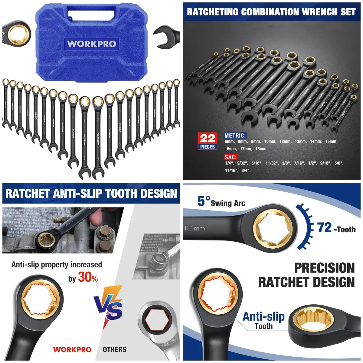 

22-Piece Ratcheting Wrench Set, Metric 6-18mm & SAE 1/4-3/4, Black Electrophoretic Coating