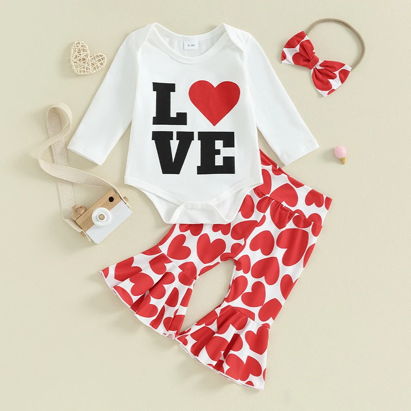 

Toddler Girls Autumn Set Adorable Long Sleeve Romper with Heart Print Bell Bottoms and Matching Headband Cute Valentines Day