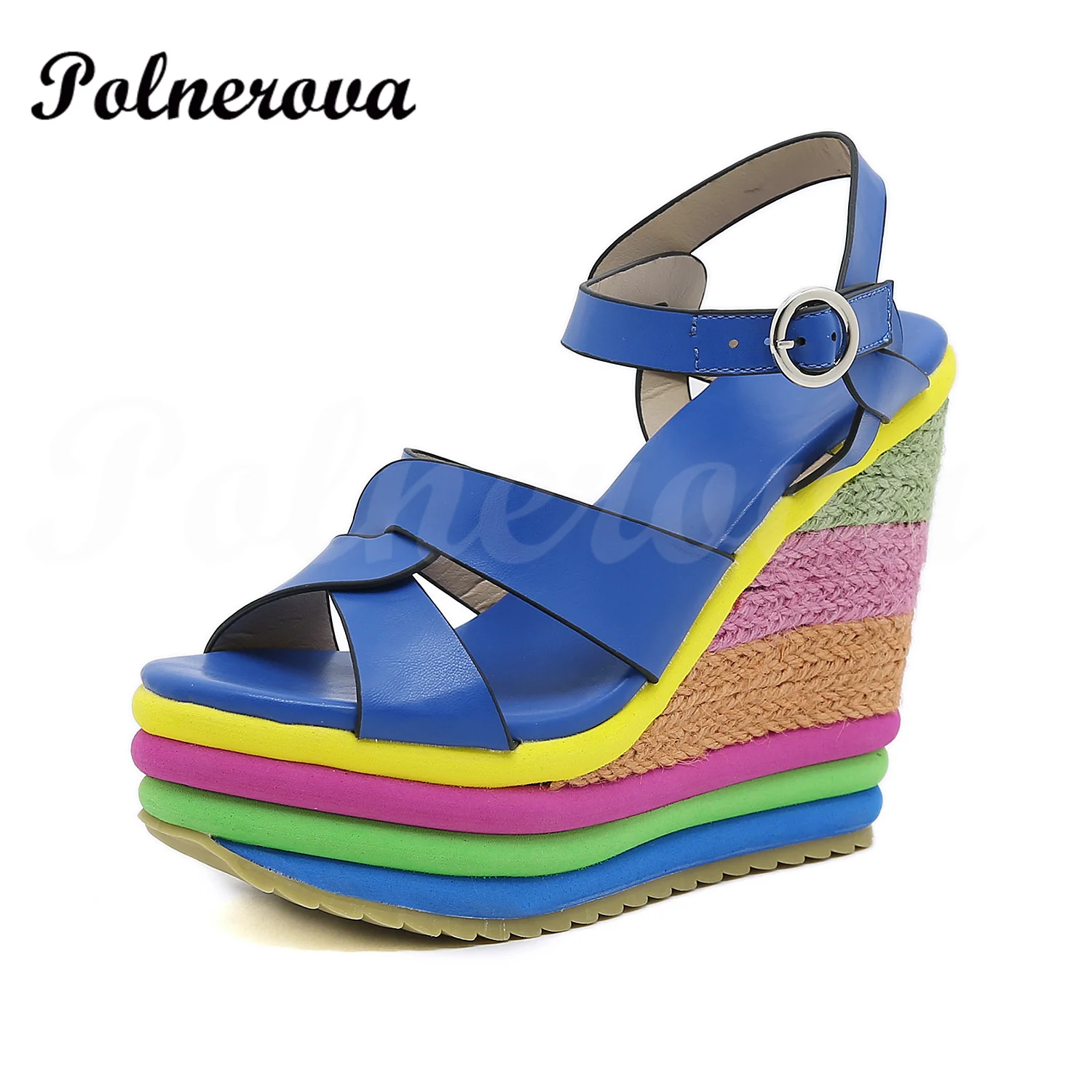 Rainbow Wedge Fish Mouth Sandals Women Summer Ankle Buckle Black Blue Red Green Yellow High Heel Pumps New Women's Shoes 34-43