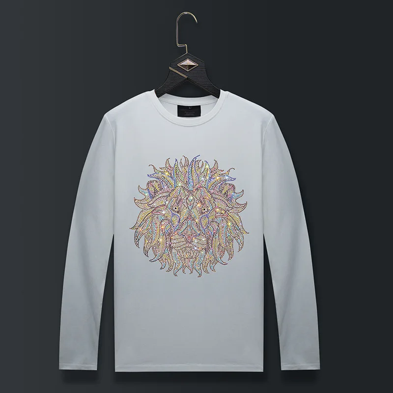 Plus Size O Neck Long Sleeve T Shirts Men Fashion Streetwear Cartoon Lion Rhinestones Modal Cotton Slim Tshirts Mens Clothing