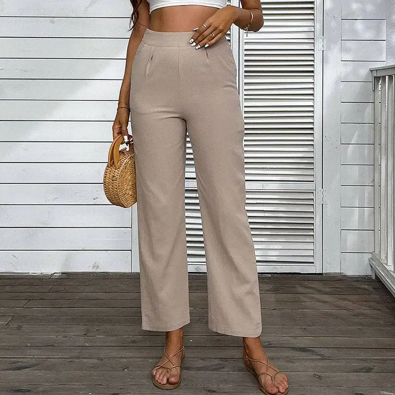 

High Waist Cotton Linen Pants Women's Pure Color Nine Point Straight Leg Summer Trousers Fashionable Casual Straight Cut Pants