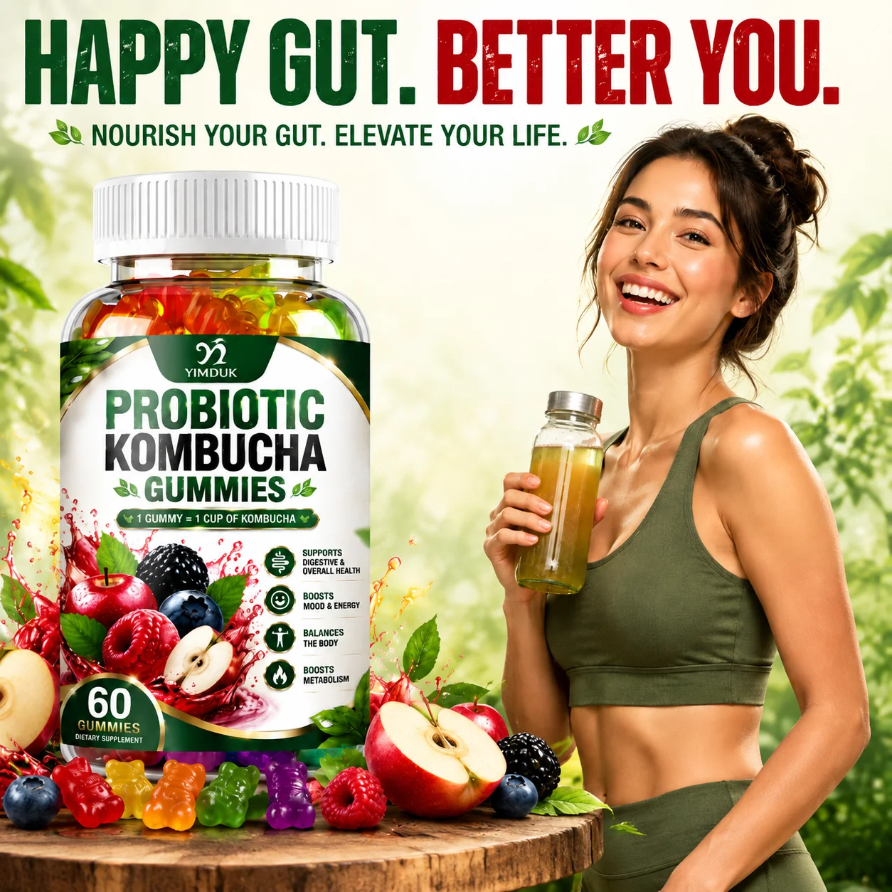 Probiotic Kombucha Supplement, with Prebiotics,Probiotics,Slippery Elm,Promote Intestinal Health,Gut Balance & Digestive Support