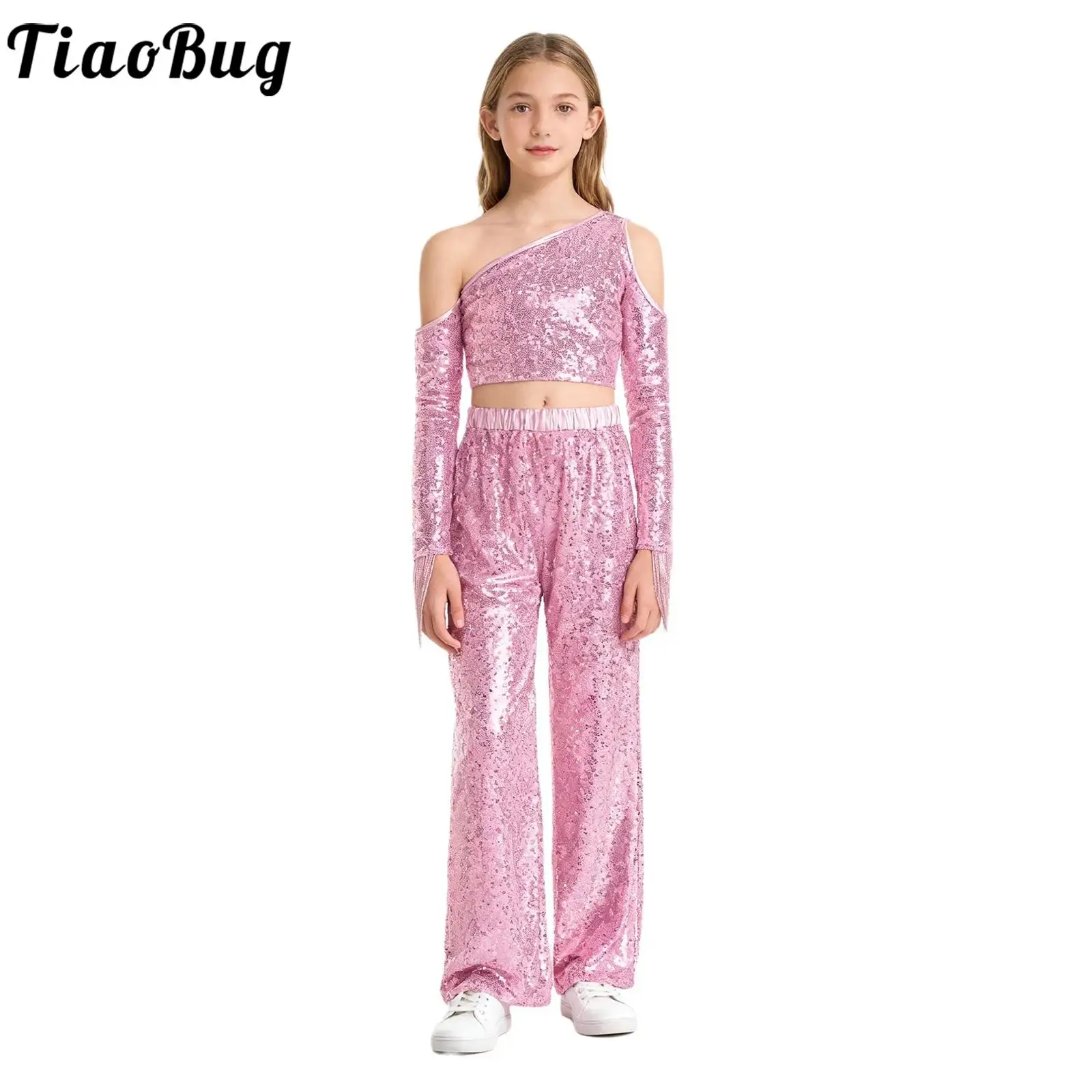 Kids Girls One Shoulder Long Sleeve Sequins Tassel Crop Top Pants Set Jazz Modern Hip Hop Dance Outfit for Stage Performance