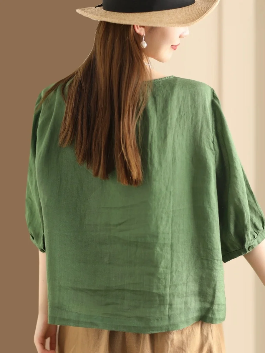 

Retro Handwoven Flax irt Women Summer Elegance Single Button round Ne Outerwear Artistic Open Cardigan Top Coat