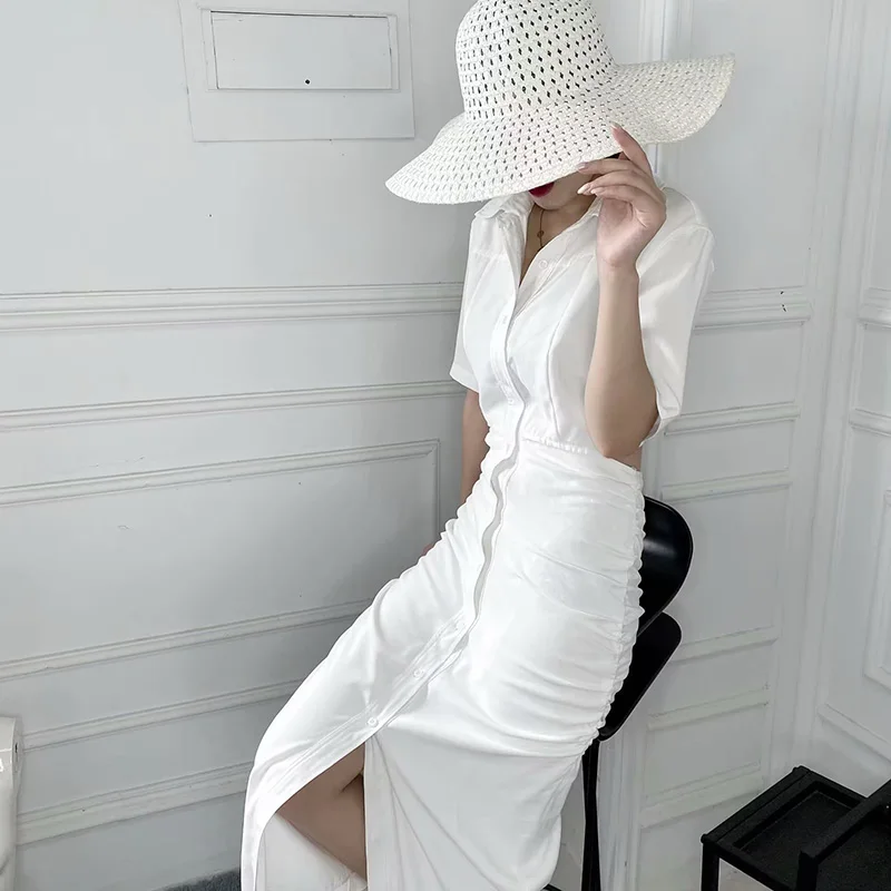 Dress For Women 2023 Autumn New Half Sleeve Solid Hollow Out Button Turn-down Collar Fashion Elegant Casual Loose Straight Dress