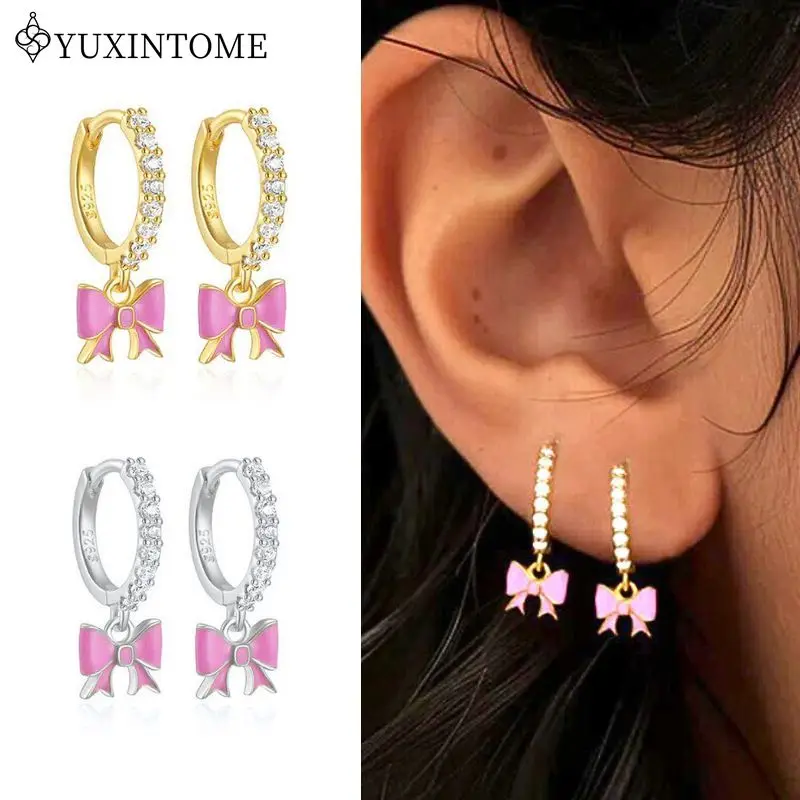 

YUXINTOME Vintage 925 Sterling Silver Ear Needle Cute Girls Pink Bow Glue Pendant Hoop Earrings For Women Fashion Party Jewelry