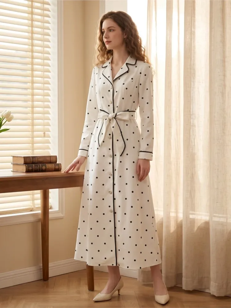 Women's Polka Dot Long Dress With Belt New 2026 Autumn Pajama Style Long Sleeve Button Loose Woman Midi Dress Female Dresses