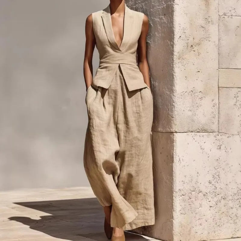 

2026 New Summer Women's Pants Set Solid Color V-neck Sleeveless Waist Cinched Formal Commuting Fashionable Comfortable Pants Set