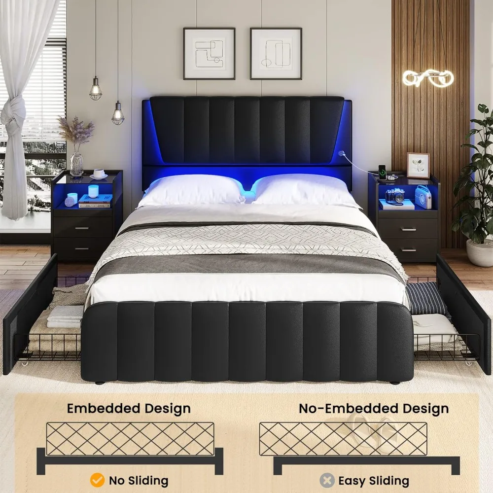 

LED Full Size Bed Frame with Headboard, 4 Storage Drawers, USB Ports, Wooden Slats Support, No Box Spring Needed, Bed Frame