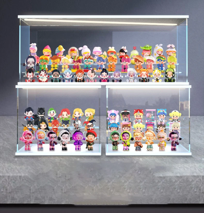 Acrylic Display Case with Lamp Countertop Storage Box for Doll,Action Figures,Clear Dustproof Showcase for Collectibles Toys