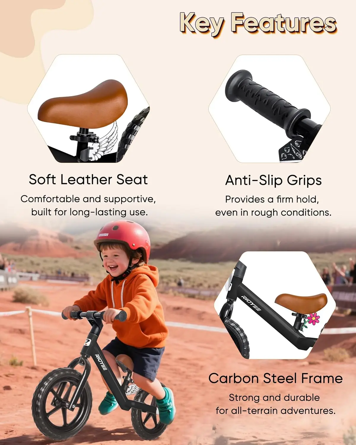 Bicicleta de equilíbrio infantil de 2 anos, bicicleta sem pedal de 12 polegadas para idades de 2 a 5 anos com guiador reforçado atualizado para passeios estáveis, D