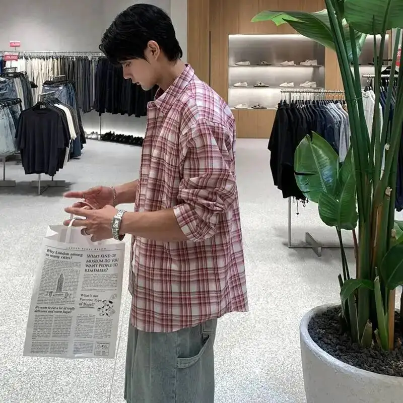 Men's Plaid Casual Shirt Checkered Pattern Oversized Long Sleeve Streetwear Loose Top GF5I