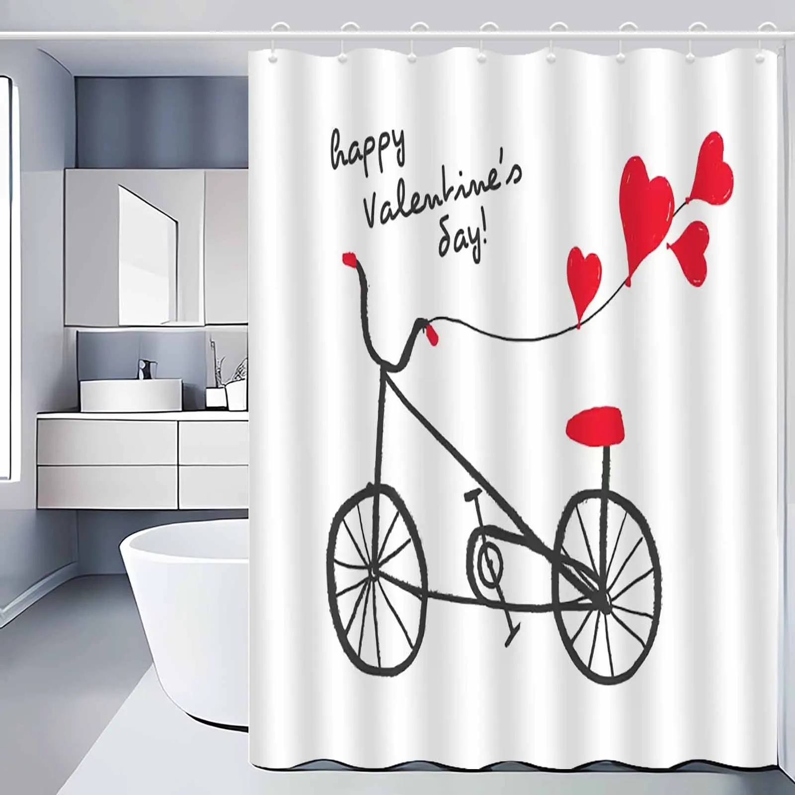 

Happy Valentine's Day Shower Curtain Waterproof Fabric Bathroom Curtains Red Heart Bicycle Pattern Bath Screen Divider Home