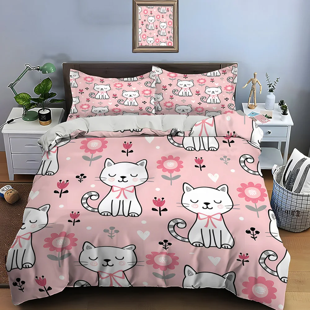 Cute cats and pink floral background Duvet Cover Set Digital Print Colorful Polyester Bedding with Zipper Closur for kids gift