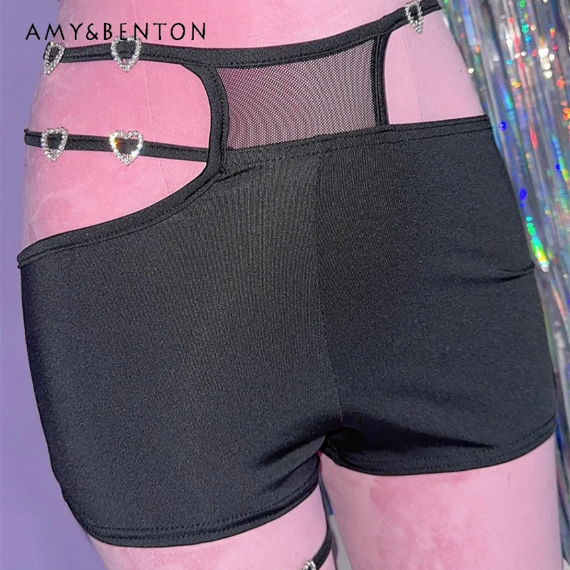 

European American Y2K Hot Girl Versatile Black Women's Gothic Design Dark Rhinestone Leg Ring Sexy Elastic Base Shorts Ladies