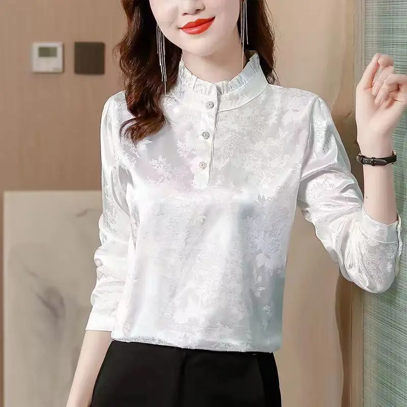 

Premium Satin Blouse Women Spring Age-Reducing Print Loose Long Sleeve Top Fashion Elegant Collar Shirt