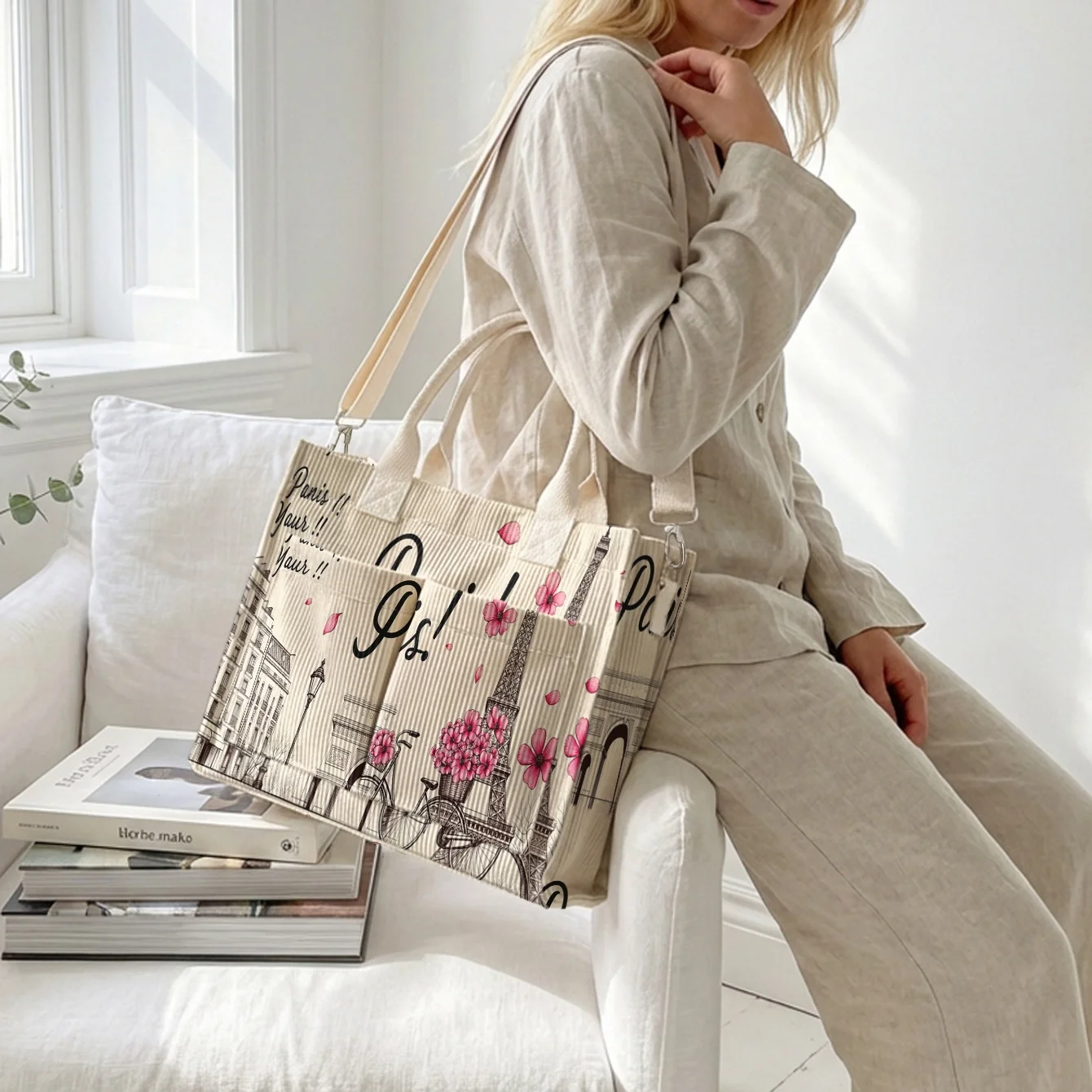 Paris Scenery Floral Print Corduroy Tote Bag Large Capacity Multi Pocket Detachable Crossbody Shoulder Bag