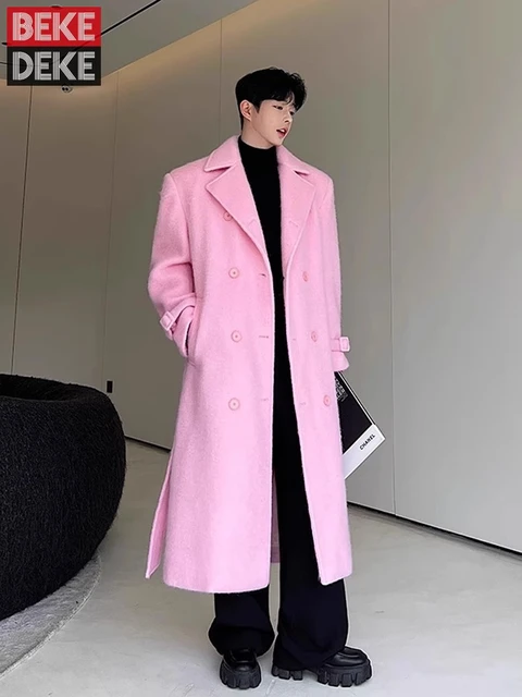 Autumn Winter Thicken Double Breasted Pink Woolen Long Coat Men Solid Color Business Casual Design Loose Fit Fashion Overcoat AliExpress 200000343