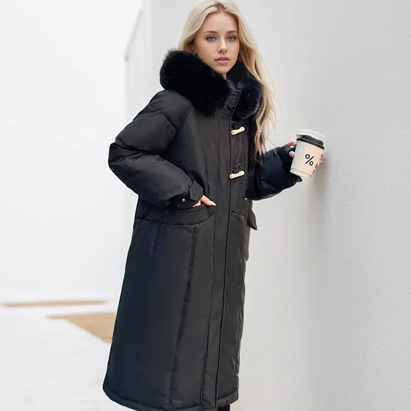 

Новинка 2025 года, зимняя женская длинная хлопковая куртка, женская утепленная парка с меховым воротником, пальто, женская однотонная повседневная куртка, пальто
