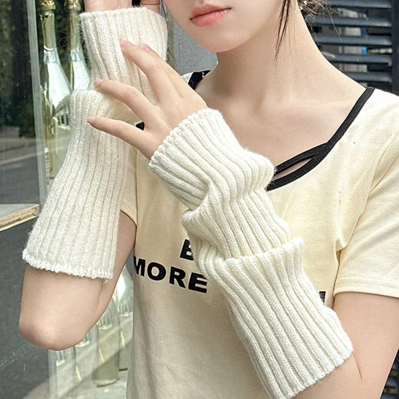 For Women Winter Arm Sleeves Thicken Warm Knitted Arm Warmers Solid Color Long Sleeve Half-finger Glove Gothic Fingerless Mitten