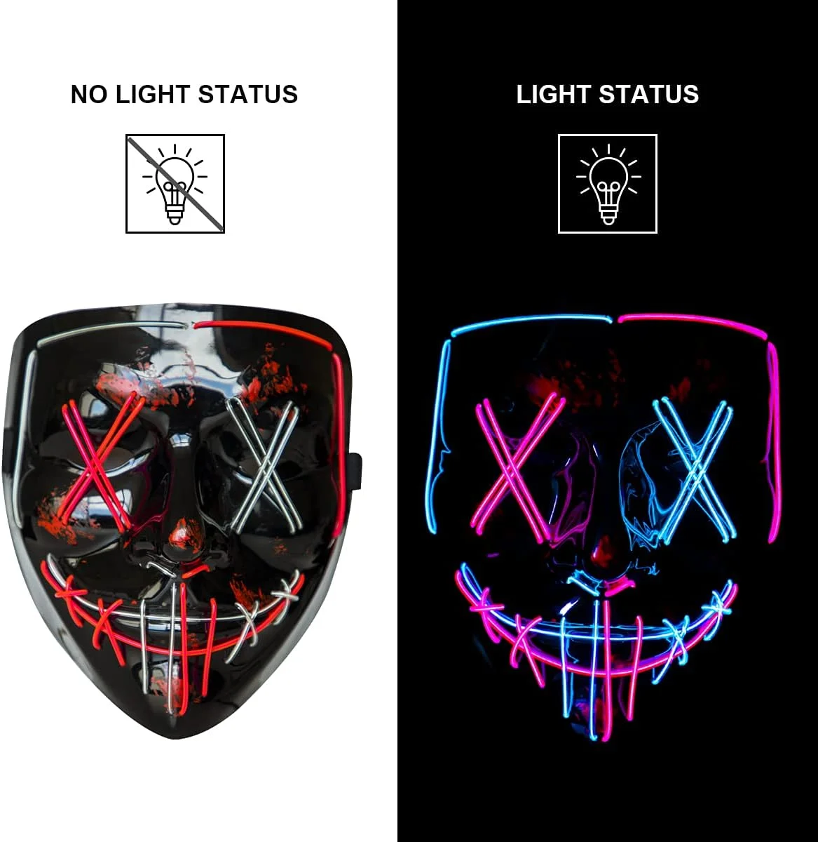 Wireless Fluoresce Mixed Colors Light Up Purge Mask Cosplay Luminous Face Mask Glow In The Dark Disguise Mask Adult Kids Costume