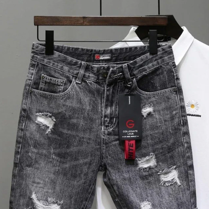 Shorts jeans rasgados preto e cinza para homens, jeans elásticos, calças com zíper, botões populares de designer, emo novo, original