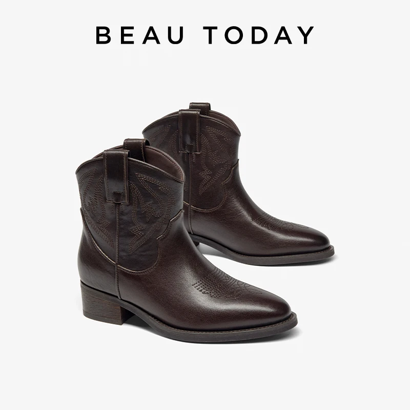 

BEAUTODAY Western Boots Women Calfskin Leather Pointed Toe Ankle Boots Embroider Ladies Mid Heel Shoes Handmade 06166