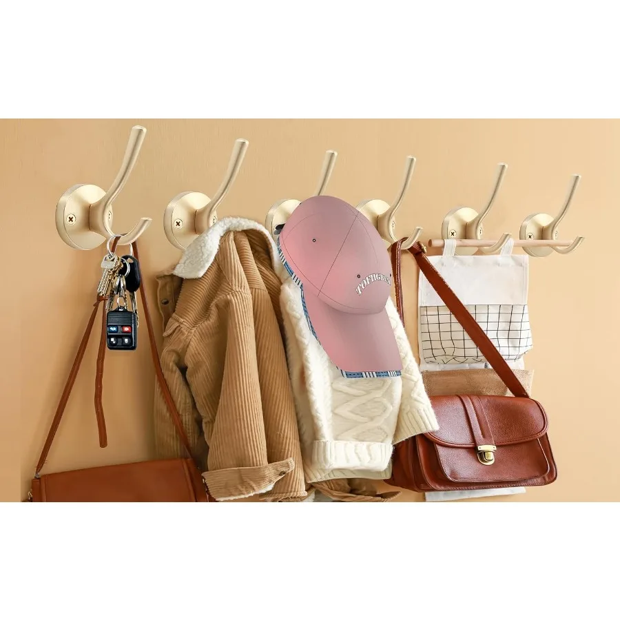 Gold Wall Hooks 6 Pack Heavy Duty Metal Double Coat Robe Hook Wall Mounted for Bathroom Cubicle Kitchen Closet Garage Durable H