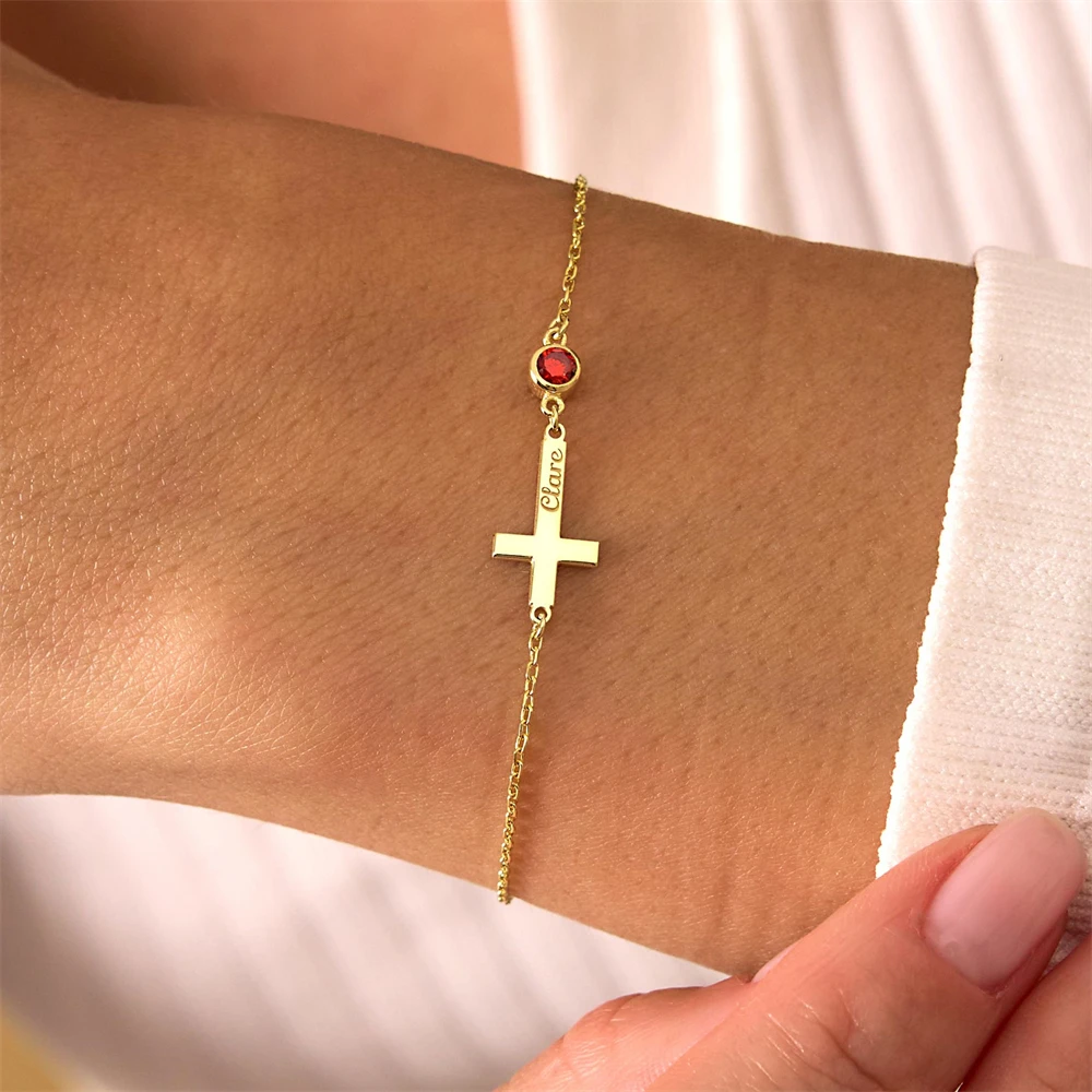 Pulsera personalizada con nombre de cruz y joyería de piedra natal, pulsera chapada con nombre personalizada de acero inoxidable para mujer, regalo cristiano