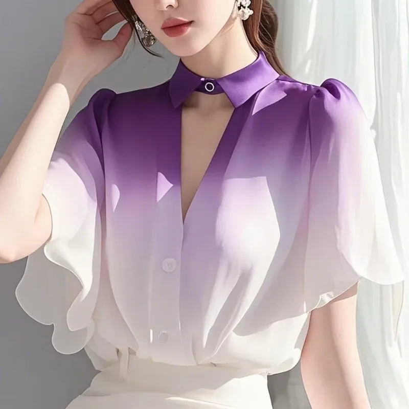 618 Ladies Fashion Loose Chiffon Gradient Color Blouse Tops Simplicity Elegant Trend Summer Popular and Unique Small Shirts