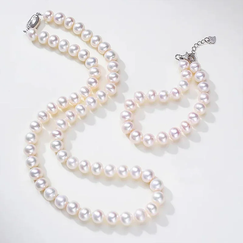 

Fresh Water Pearl Necklace and Bracelet Set for Mom 8-9mm Round Flawless Necklace Two Piece Set of Mother's Day Gift