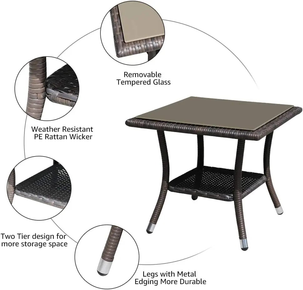 طاولة جانبية خارجية، طاولة نهاية من الخيزران المربع مقاس 20 بوصة، طاولة قهوة من الزجاج المقسى مع مساحة تخزين، إطار من الألومنيوم - بني