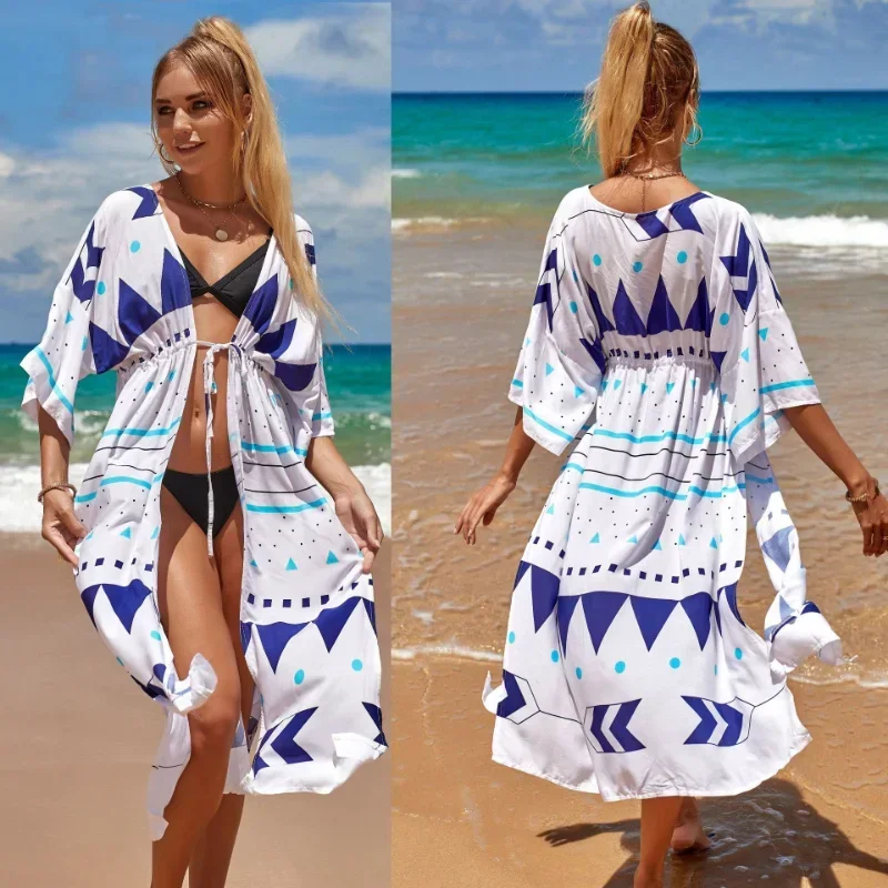 2024 New Beach Cover Up Print Loose Kimonos Pareos Beachwear Swimsuit Cover Up Women Summer Dress Kaftan Robe Tunics For Beach