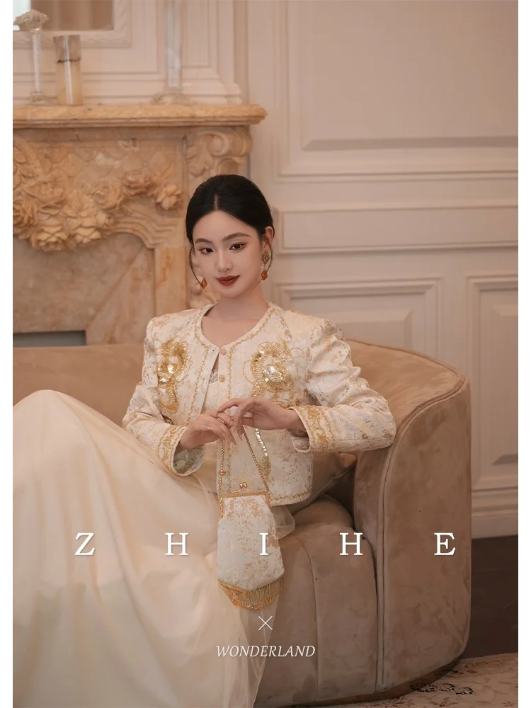 

Комплект верхней одежды с юбкой и вышивкой из бисера с узором дракона и цветочной вышивкой для женщин, китайский комплект с длинной свечой на пуговицах