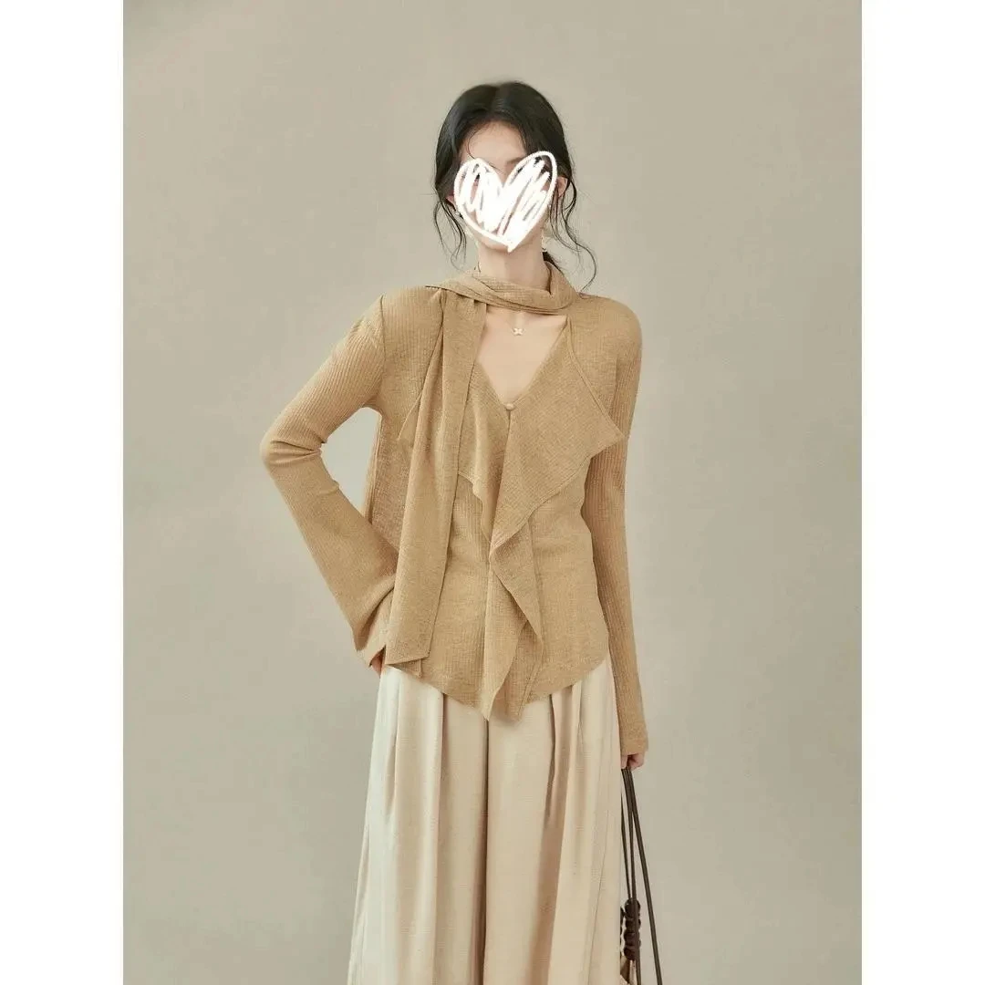 

Кружевная футболка Slim Fit Long Sve Autumn Faion Simple Match All Seasons Женский вязаный топ V-Ne Svel с эффектом похудения