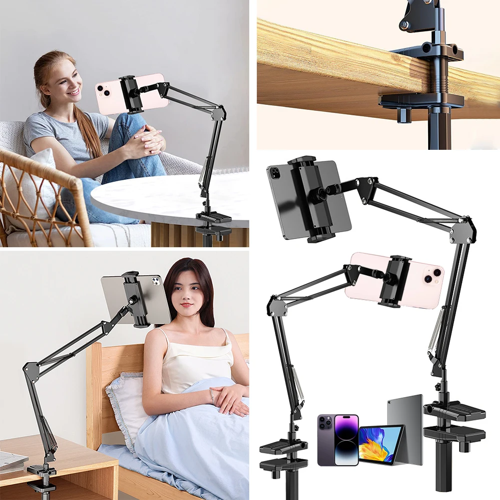 Phone Clamp Clip Flexible Arm Laying Down Lazy Bedside Phone Stand Desktop Cantilever Support Bracket for Filming Live Streaming