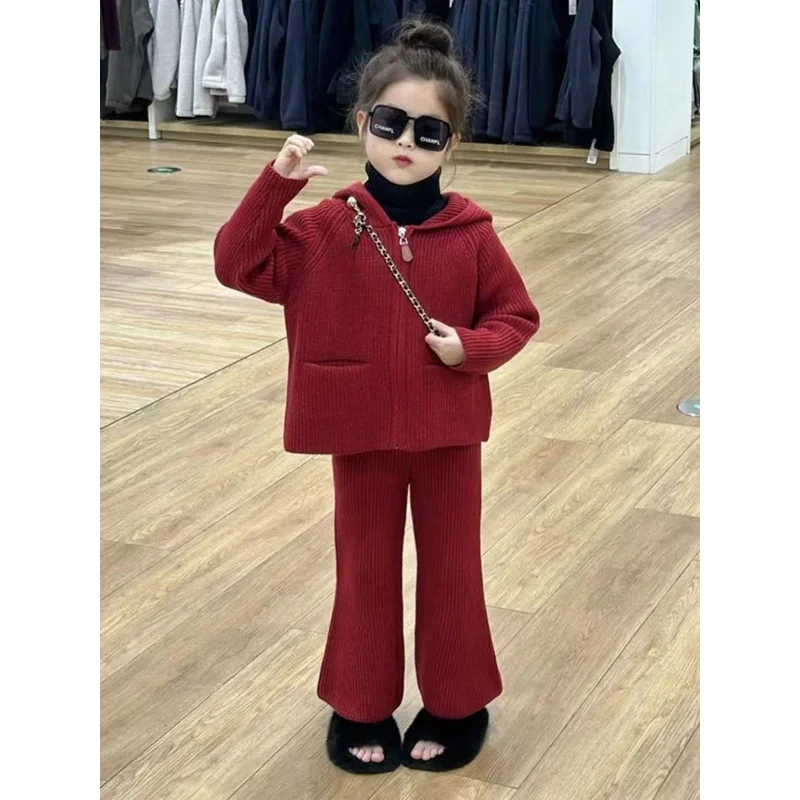 

Girls' Red Knitted Set Autumn/Winter New Collection Children's Hooded Zipper Open Top Bellbottom Pants Two Piece Set 90-140cm