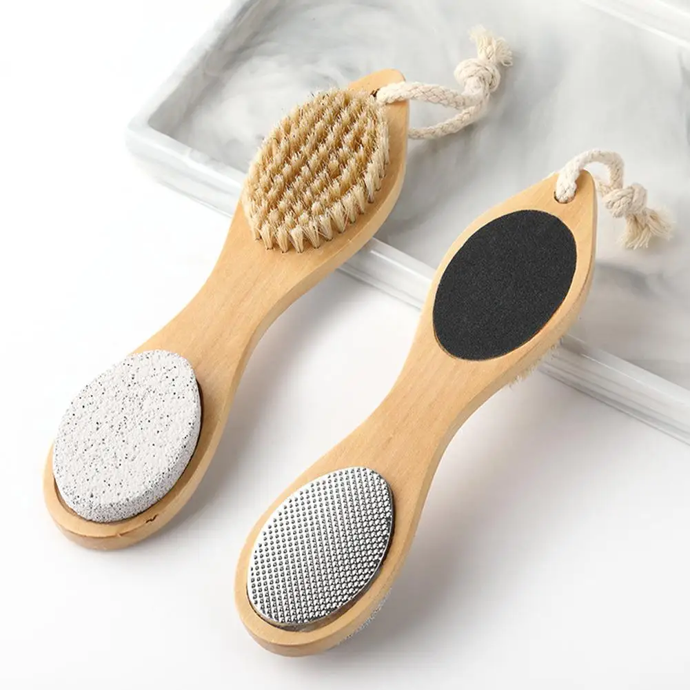 4 in 1 Multi-Use Foot File Brush with Wooden Handle Scrubber Double Callus Crack Rasp Pumice Remover Dead Exfoliator Skin S R6I5