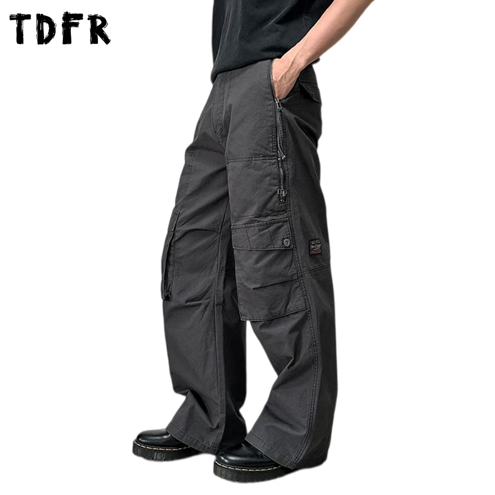 

Multi-Pocket Cargo Pants Mens Zipper Decoration Solid Color Safari Style Baggy Straight Trousers Man