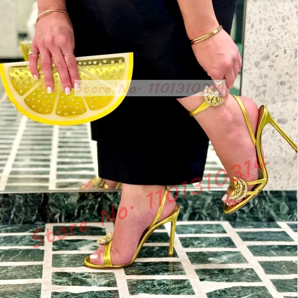 Gold Jewel Lemon High Heels Sandals Women Luxury Metallic Cow Leather Stiletto Sandals Ladies Trendy Crystal Evening Dress Shoes