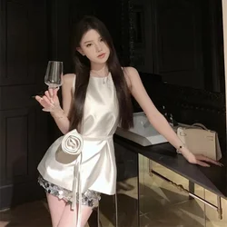 Women's Sexy Elegant Two-piece Suit Office Lady Style Casual Slim Three-dimensional Rose Tank Top Same Style Sequin Short Skirt