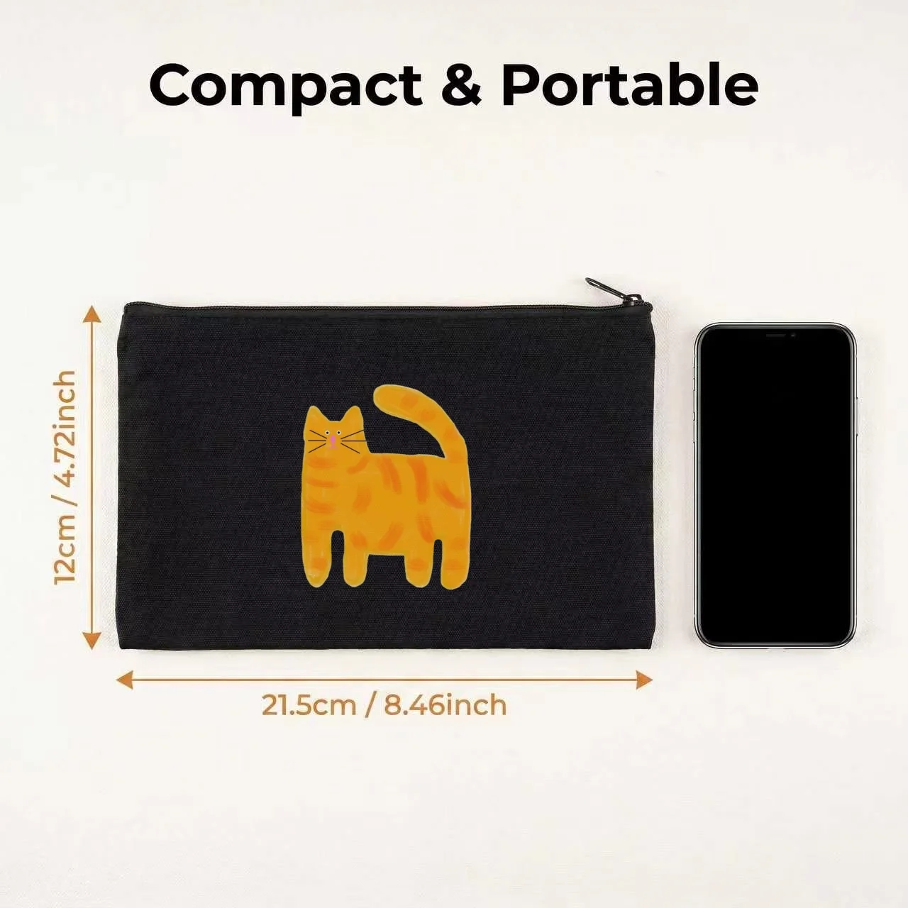 1PC Cute Plain Hand Drawn Chubby Ginger Cat Print Makeup Bag Double Sided Canvas Daily Storage Organizer