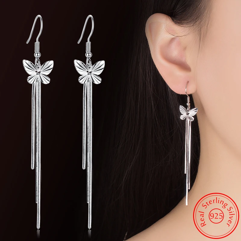 

2pcs Original 925 Sterling Silver Woman's Fashion Jewelry New Long Chains Butterfly Drop Earrings XY0005
